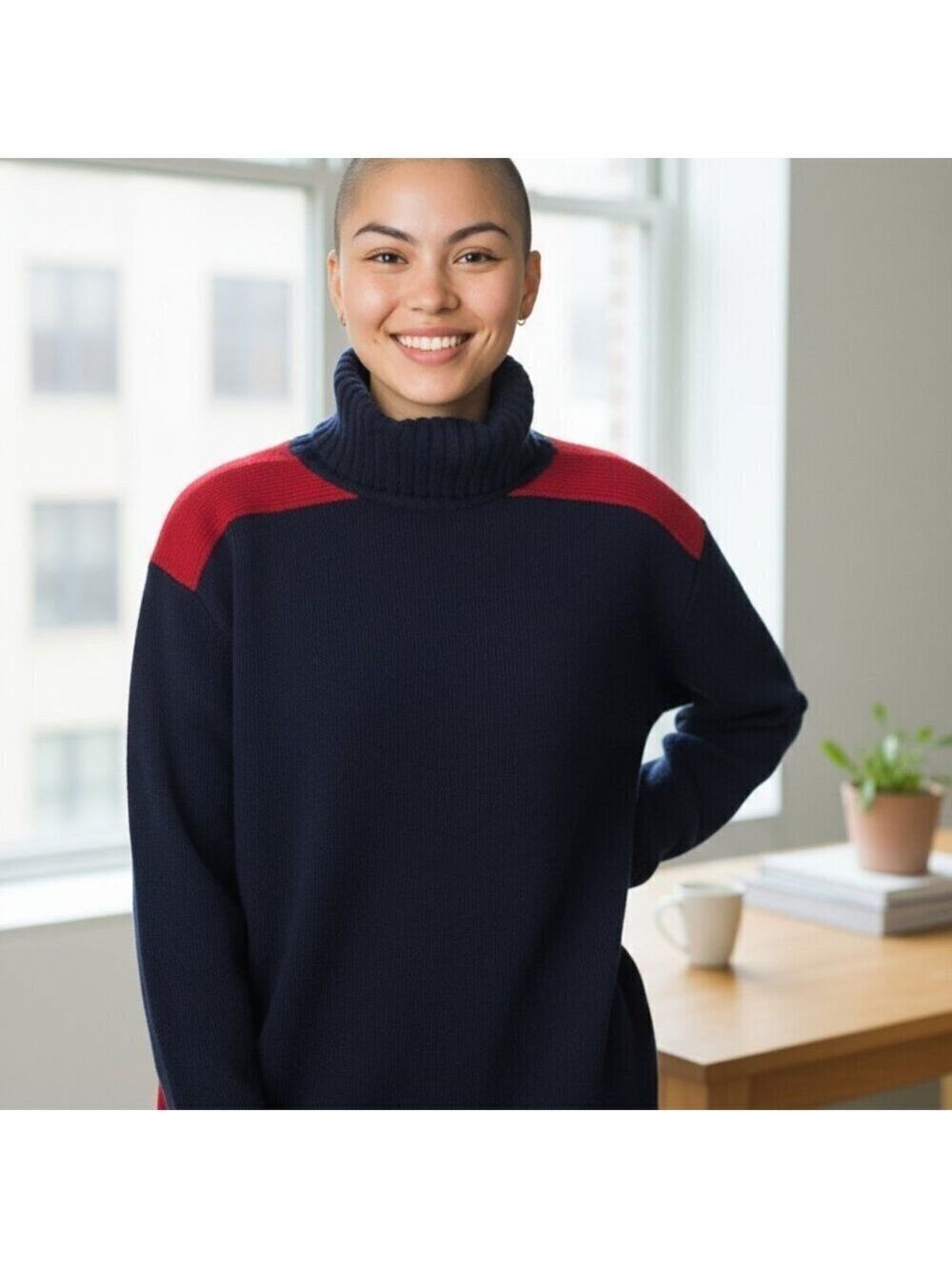 Dunhill Navy Blue And Red Stripe Turtle Neck 100% Merino Wool Size XL